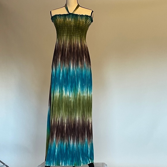 Fresh of LA Dresses & Skirts - Blue Green and Brown Maxi Halter Dress Sz 2X